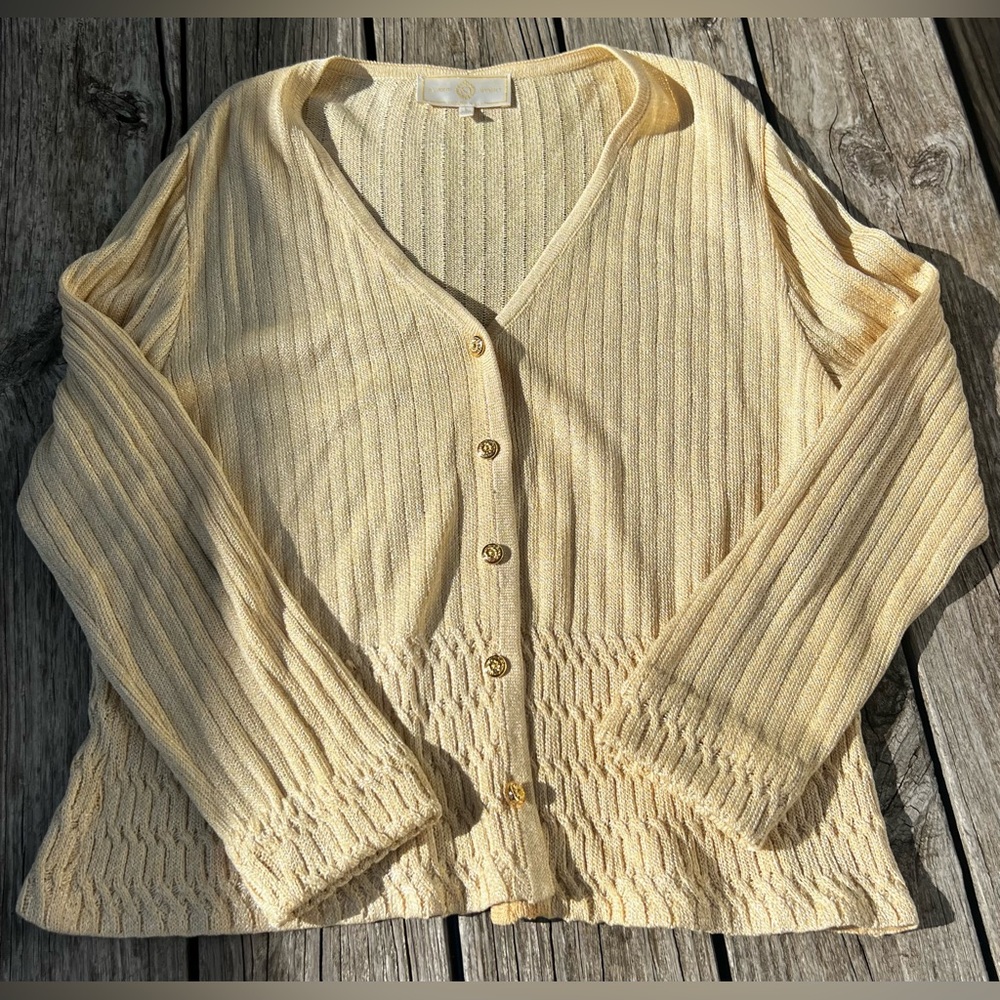 St. John Sport by Marie Gray gold knit v-neck button down cardigan. Size Large.